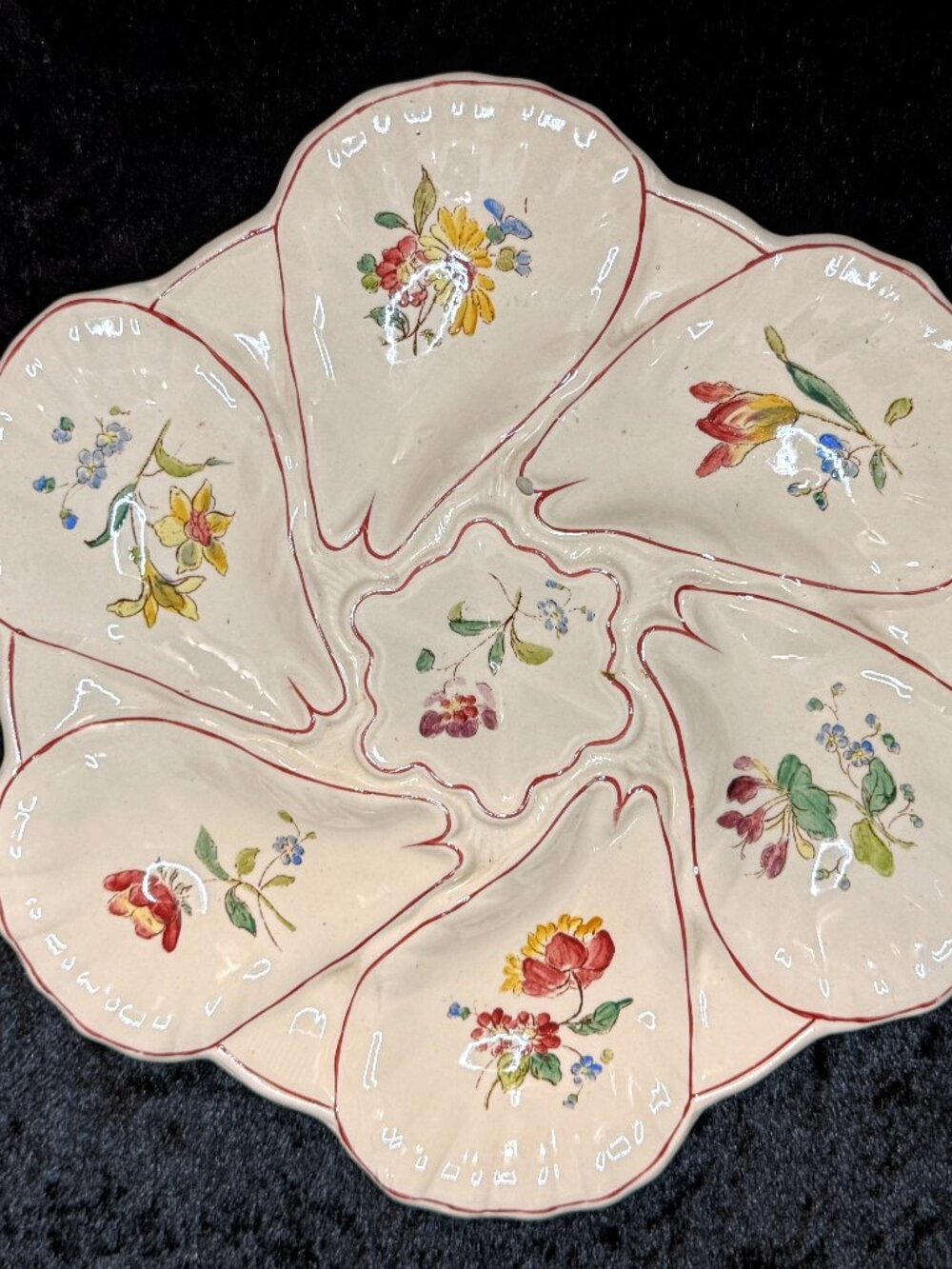 Antique French Longchamp Majolica Oyster Plate Beige Floral 9.75" A932
